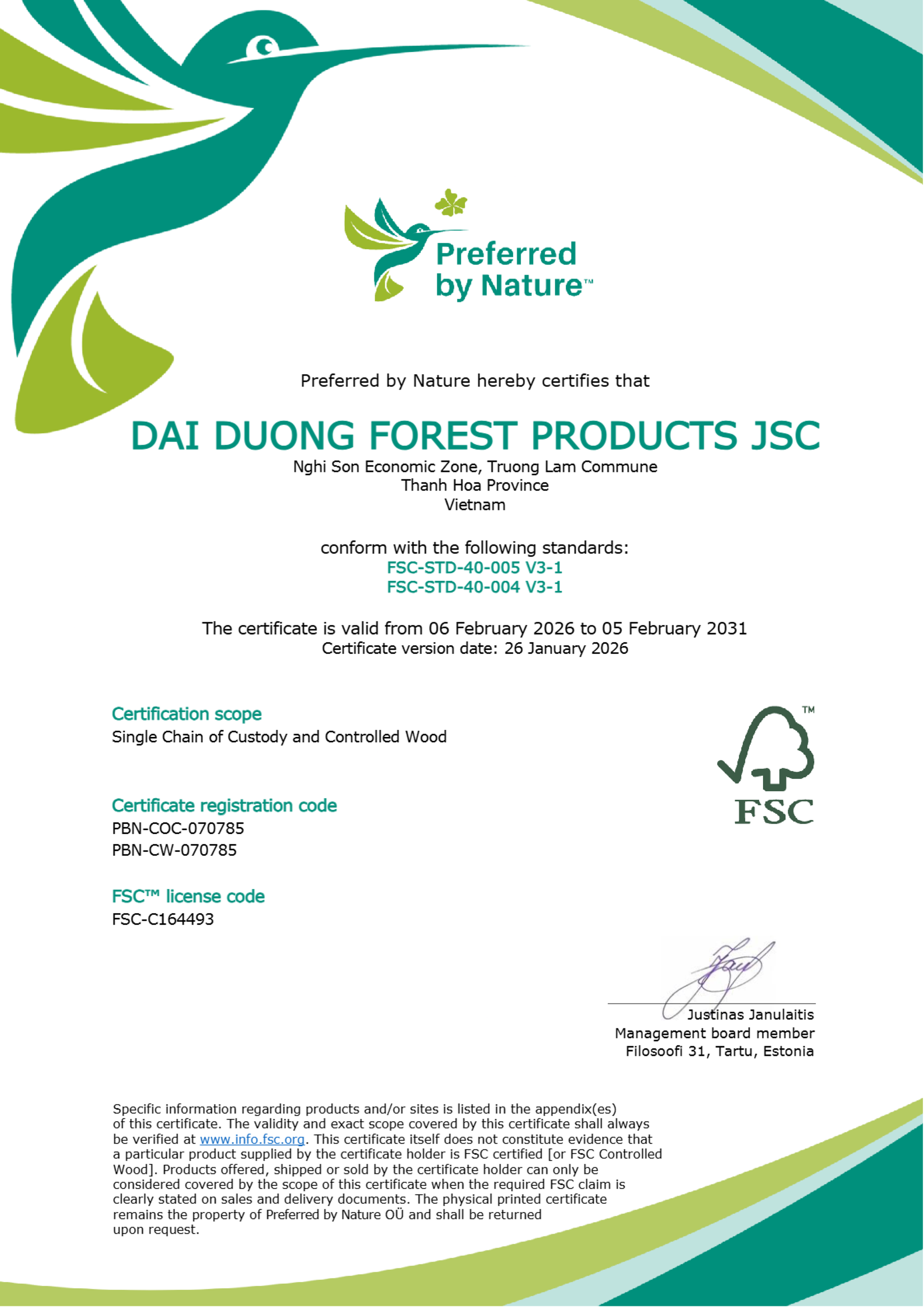 FSC COC with CW - Dai Duong Forest Products JSC