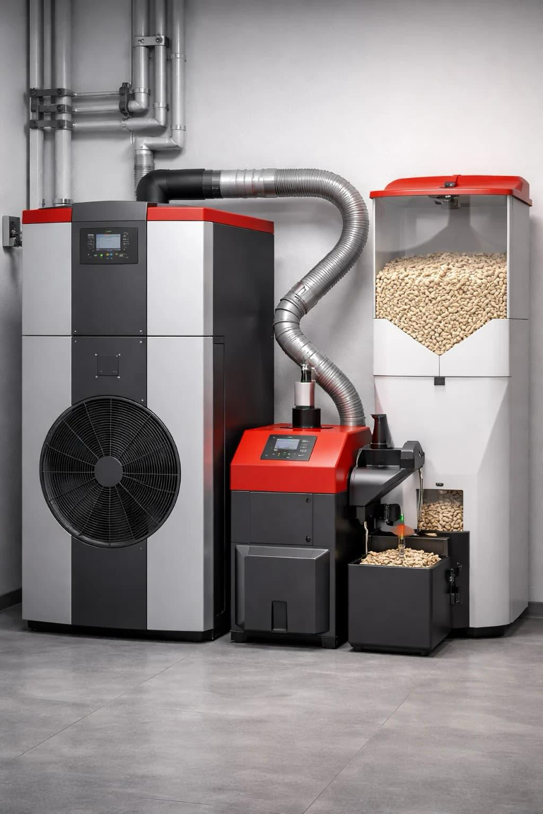 Wood pellet heating system with storage hopper